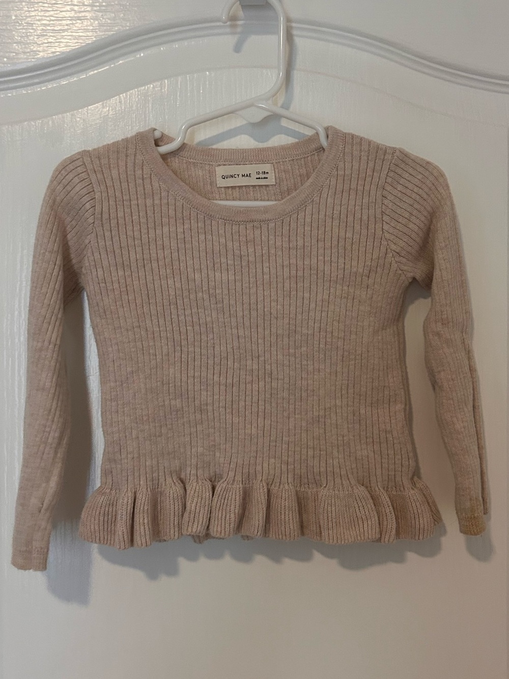 Quincy Mae Beige Ribbed Sweater with Ruffle Hem